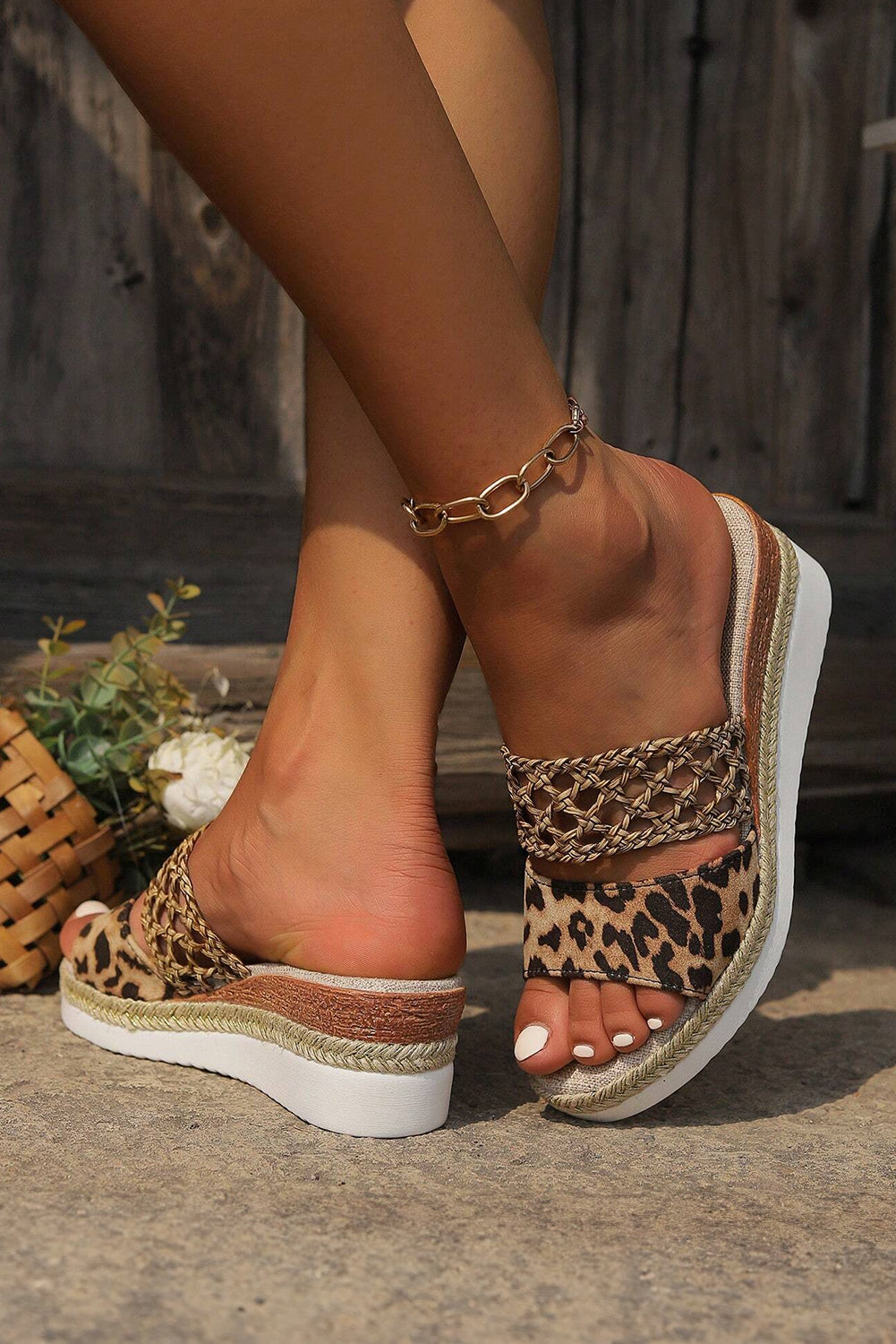 Chestnut Leopard/Floral Print Braided Details Wedge Slippers