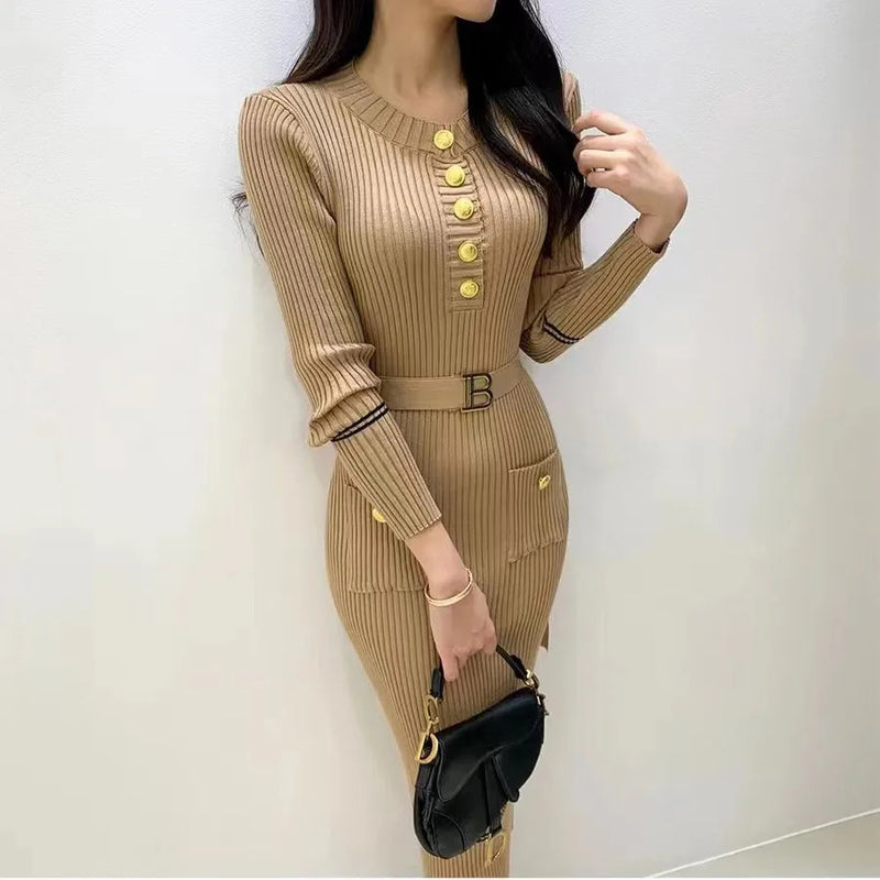 Autumn Winter Women Knitted Dress Brand Fashion O-neck Buttons Bodycon Sweater Dress with Belt Lady Office Dress