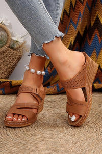 Chestnut Peep Toe Hollow-out Wedge Slippers