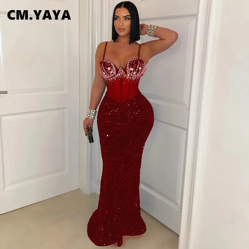 CM.YAYA Women Mesh Velvet Diamonds Sleeveless Strap Bodycon Maxi Dress Sequine Birthday Sexy Party Evening Vestidos Long Dresses