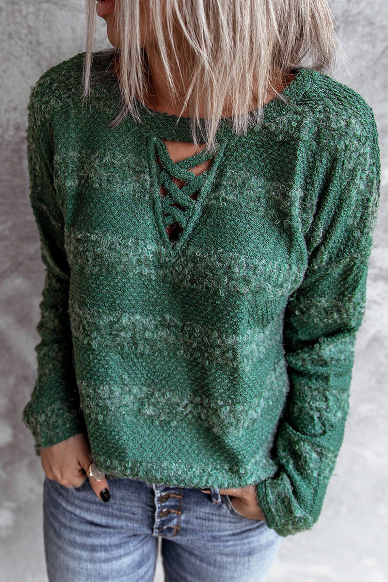 Green Crisscross Keyhole Fuzzy Sweater