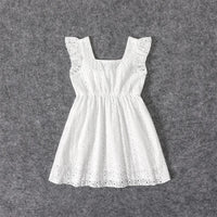 PatPat 100% Cotton Family Matching Outfits White Hollow-Out Floral Embroidered Ruffle Sleeveless Dress for Mom and Me Dresses