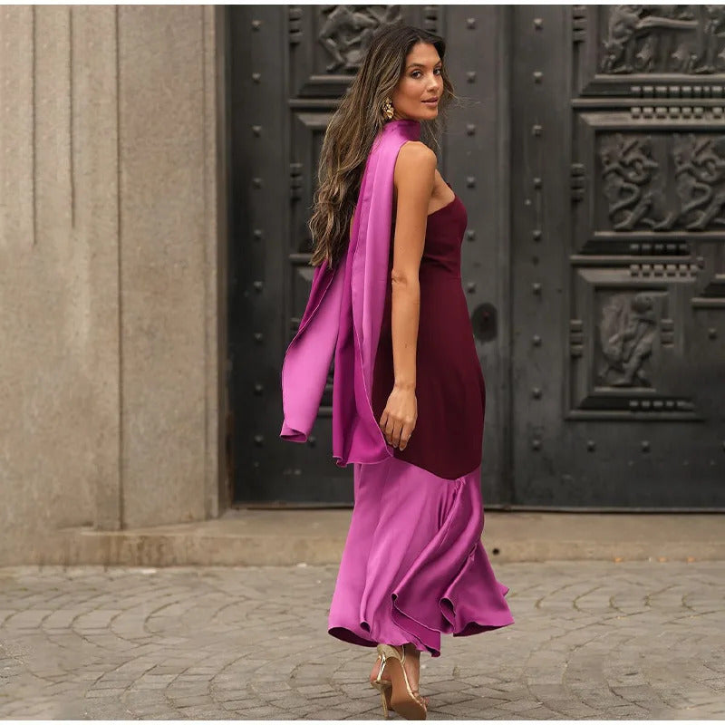 Elegant Patchwork Backless Shawl Women's Dress Fashion Loose Chic Sleeveless Pleated Hem Long Skirt 2025 Lady Party Robe New