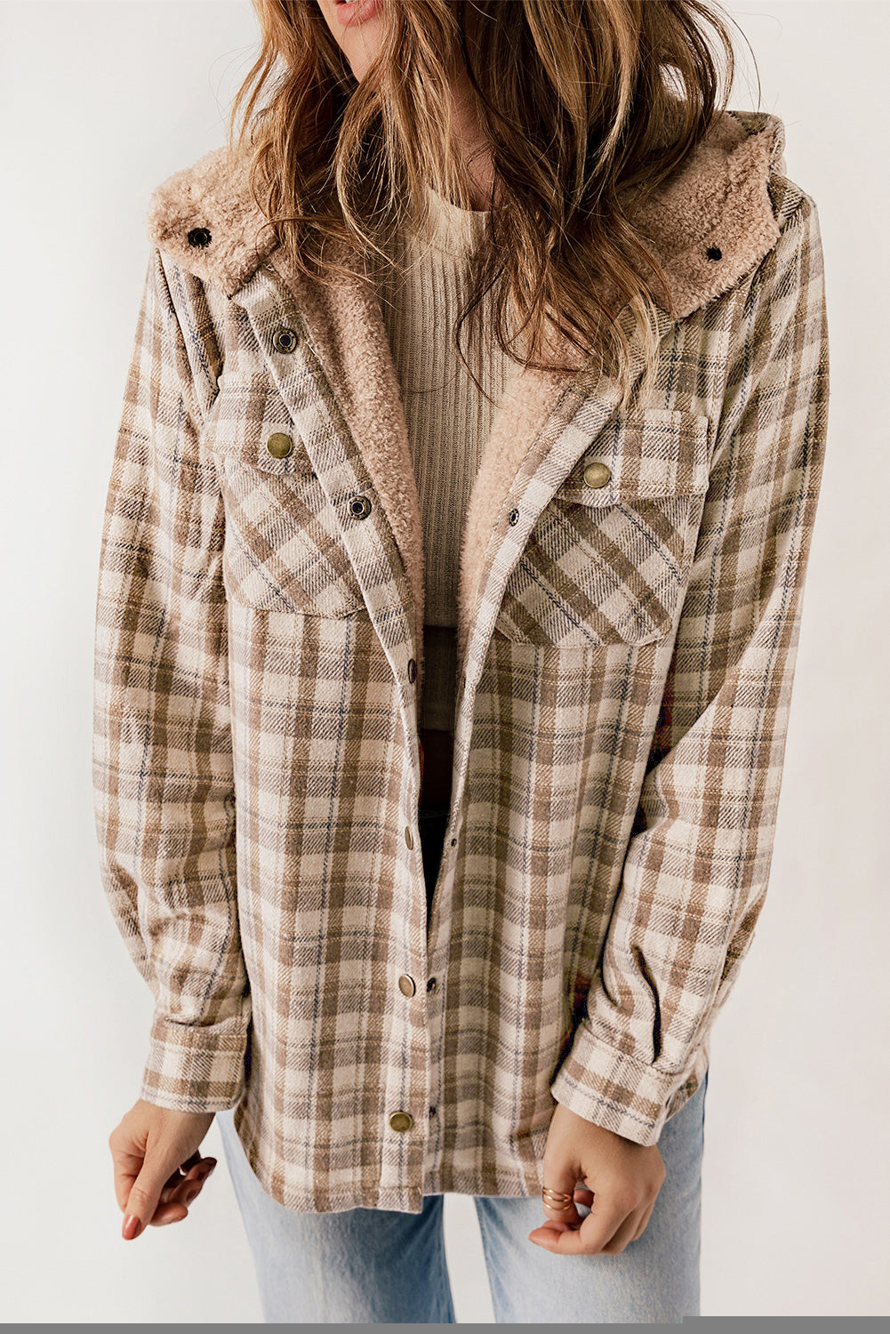 Khaki Plaid Pattern Sherpa Lined Hooded Shacket