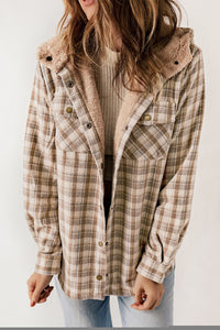 Khaki Plaid Pattern Sherpa Lined Hooded Shacket