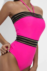 Rose Red Mesh Striped Trim Halter Neck One Piece Swimsuit