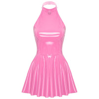 Womens Latex Swing Skirt Disco Dress Glossy Patent Leather Clubwear Halter Sleeveless Skater Mini Dress Rave Party Clubwear