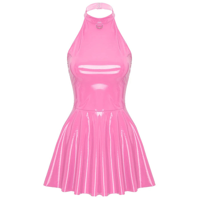 Womens Latex Swing Skirt Disco Dress Glossy Patent Leather Clubwear Halter Sleeveless Skater Mini Dress Rave Party Clubwear