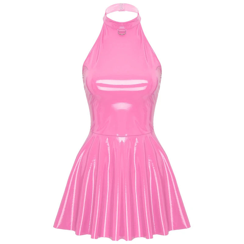 Womens Latex Swing Skirt Disco Dress Glossy Patent Leather Clubwear Halter Sleeveless Skater Mini Dress Rave Party Clubwear