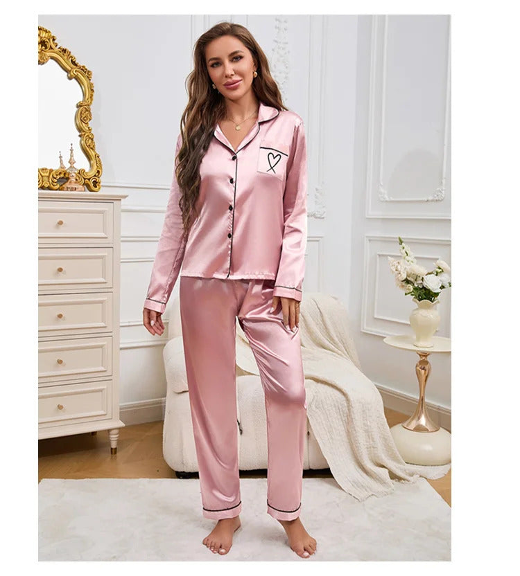 Autumn Satin Pajama for Women Heart-shaped Embroidery Sleepwear & Loungewear Long Sleeve Top & Pants Home Clothes Pyjama 2 Piece