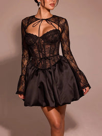 Mozision Black Lace Puffball Sexy Mini Dress For Women Fashion Lace-up Sheer Long Flare Sleeve High Waist Club Party Dress