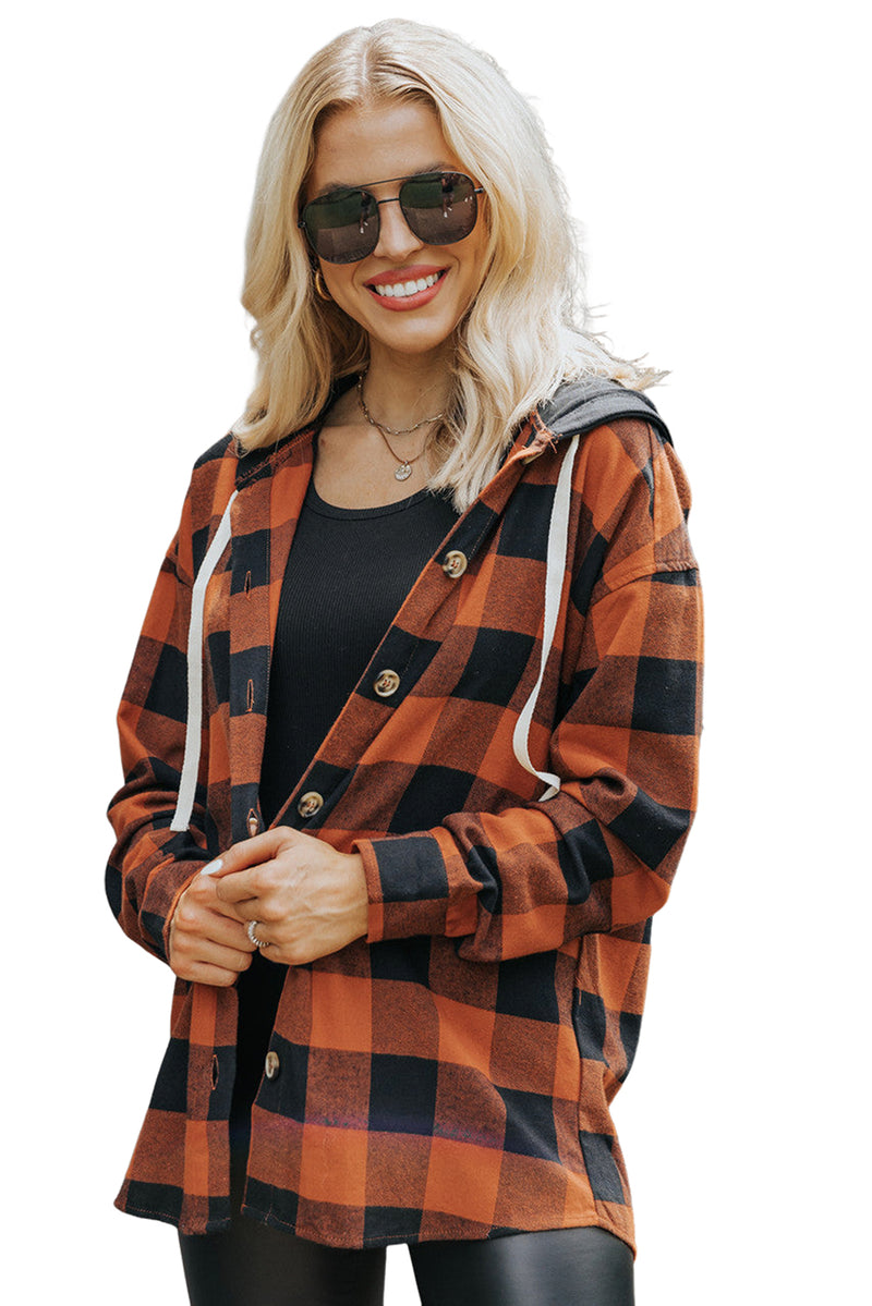 Gold Flame Buffalo Plaid Drawstring Hooded Shacket