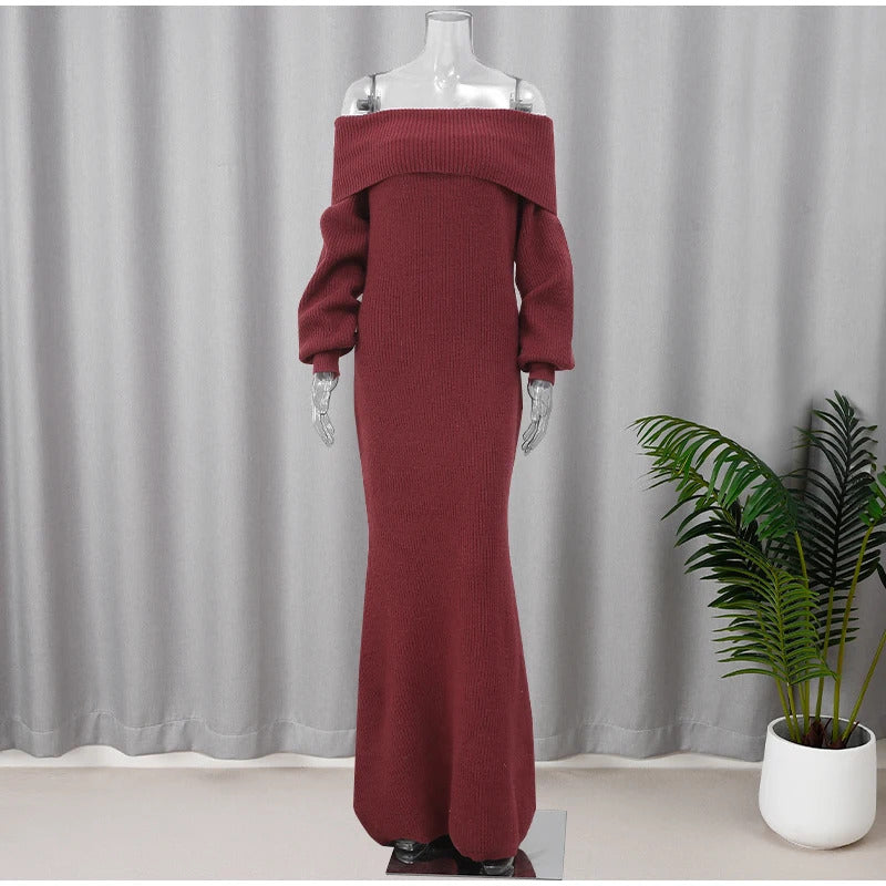 Women Burgundy Knitted Long Sweater Fashion Off-the-shoulder Pullover Long Dress Fall Winter Female Party Commuter Outfit