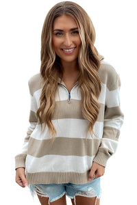 Stripe Zipped Collar Ribbed Edge Sweater