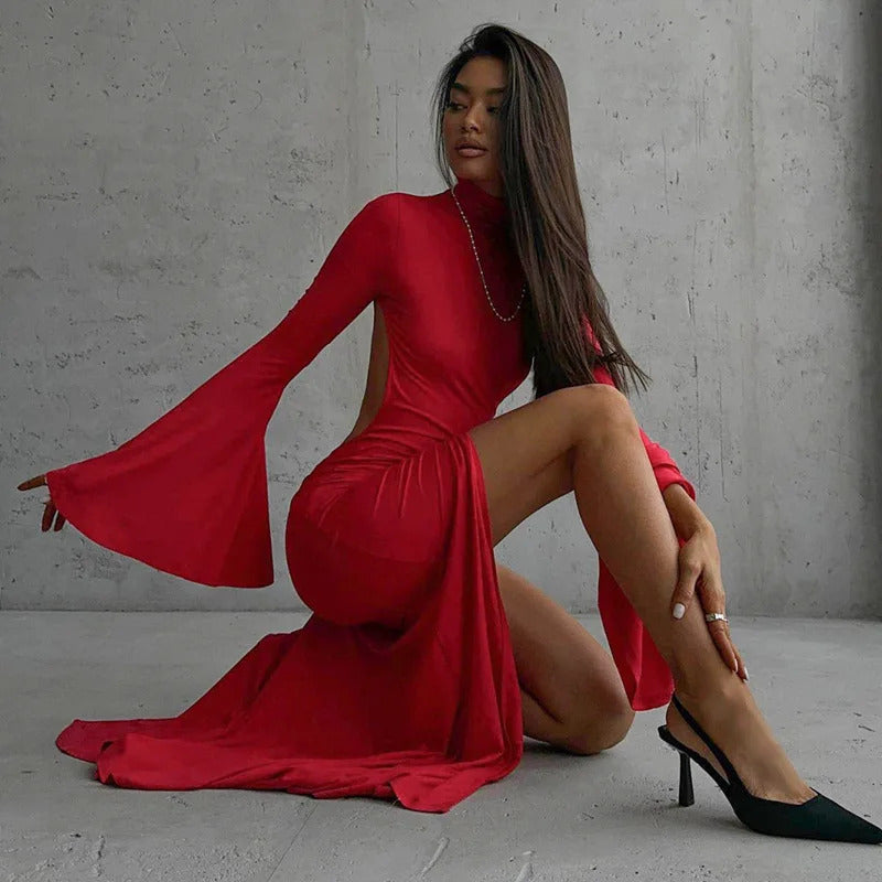 Cryptographic Open Back Sexy Split Maxi Dress Elegant Outfits for Women Chic Flare Sleeve Party Club Fashion Red Dresses Vestido