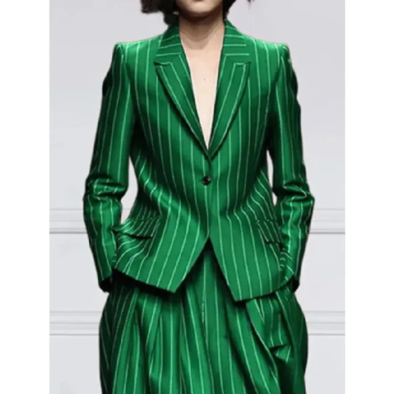 Beautyblue Blazer Set Women Notched Collar Outerwear Striped Trousers New Vintage Loose Wide Leg Long Sleeves Suit Costume Femme