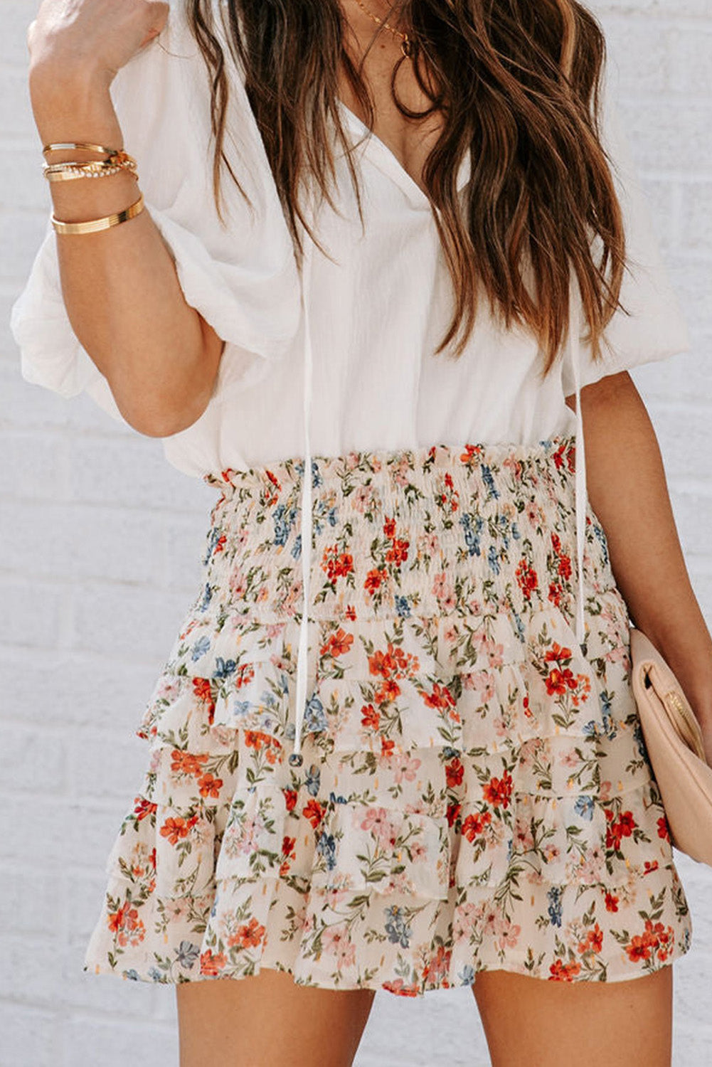 Beige Smocked High Waist Ruffle Tiered Floral Skirt