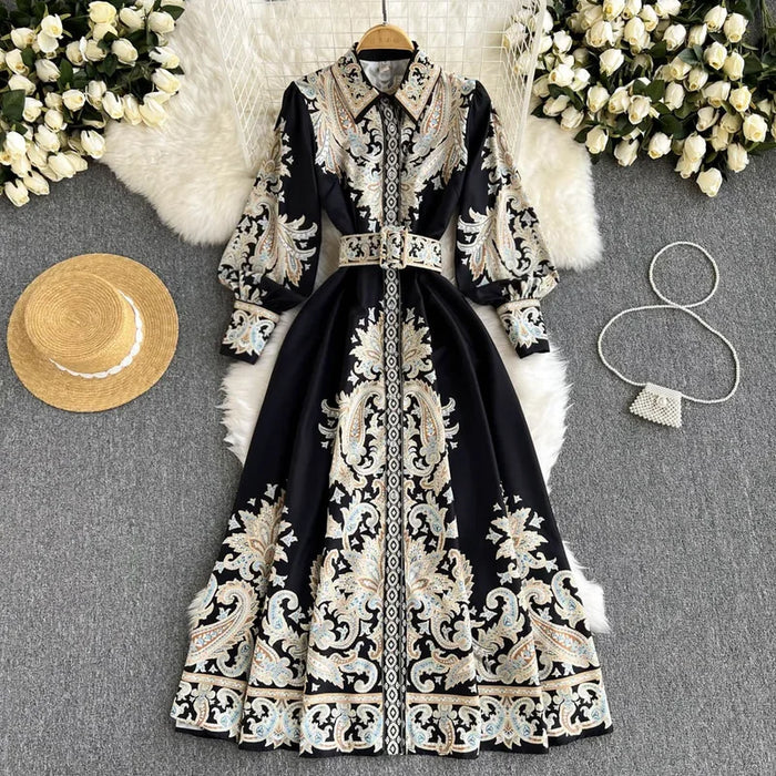 WEIN Vintage Dress Women Palace Retro Printing Dress Floral Long Sleeve Midi A Line Elegant  Spring Vestidos Wholesale Clothing