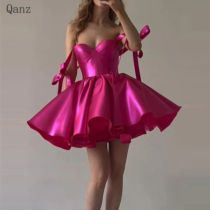 Qanz Short Evening Dresses Prom Gowns Sweetheart Detachable Straps With Bow Customized Mini Club Party Dresses Vestidos De Gala