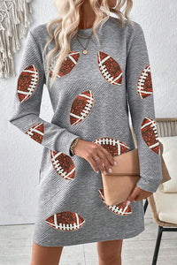 Gray Sequin Rugby Football Graphic Textured Long Sleeve Shift Mini Dress