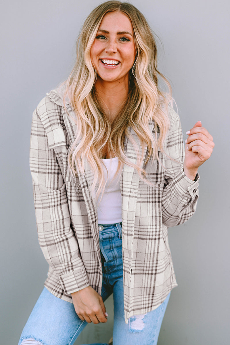 Khaki Plaid Removable Hood Buttoned Shacket