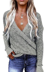 Gray Black/Pink/Gray/Khaki/Apricot  Wrap V Neck Waffle Sweater