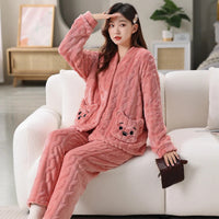 Thickened Warm Coral Velvet Pajamas Women's Autumn and Winter Padded Cartoon Bear Striped Flannel School Pajamas Winter Homewear