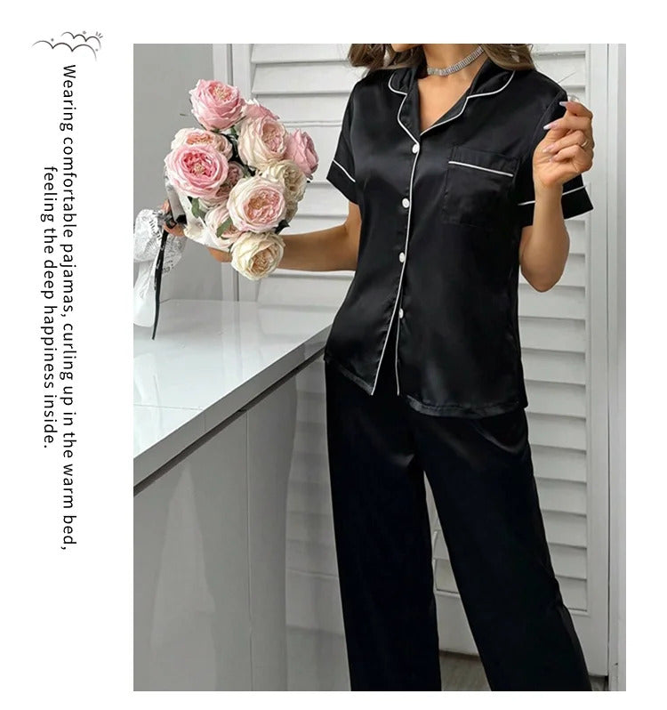 Women's Pajamas Sets Autumn Short Sleeve Buttons Top & Pants Sleepwear 2 Piece Button-Down Pj Set Homewear Satin Loungewear