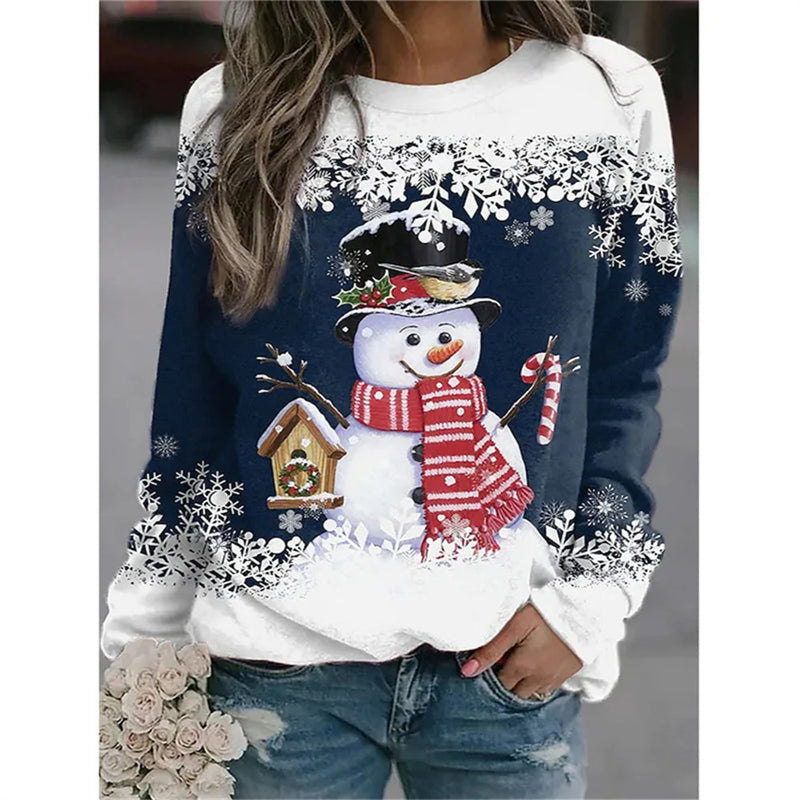 Women Christmas Sweatshirts Winter Snowman Snowflake Print Long Sleeve Y2k Hoodie Streetwear Pullovers Tops Comfortable Clothing