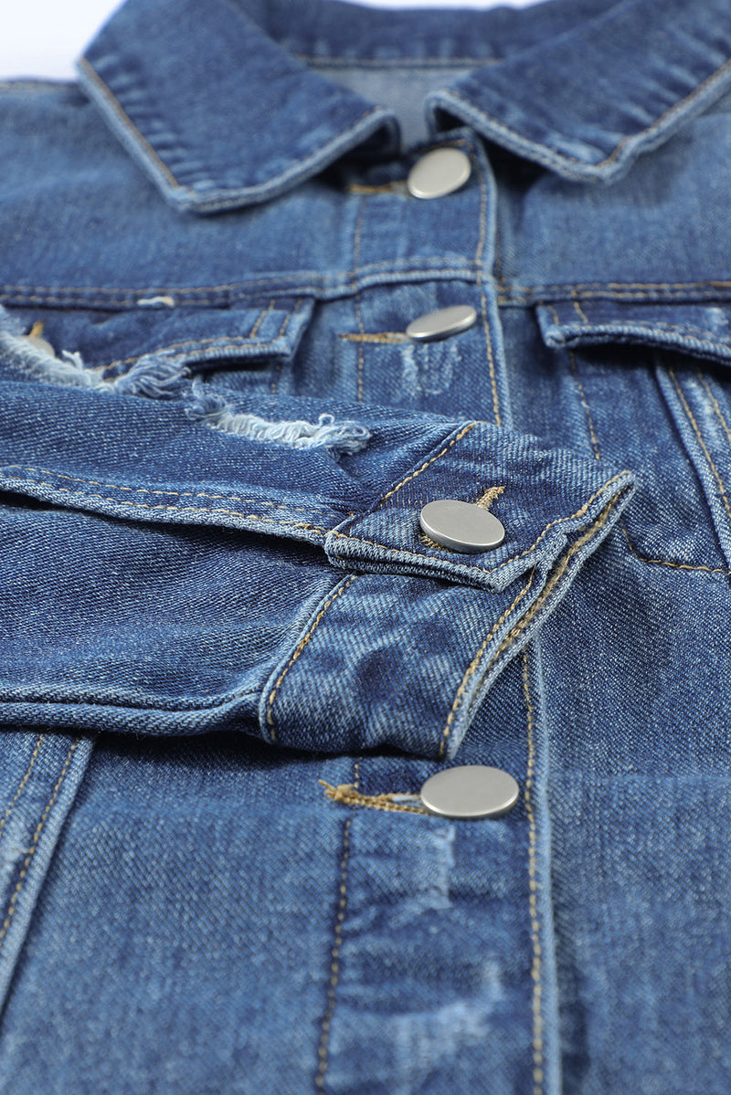 Blank Apparel - Blue Lapel Distressed Raw Hem Buttons Denim Jacket