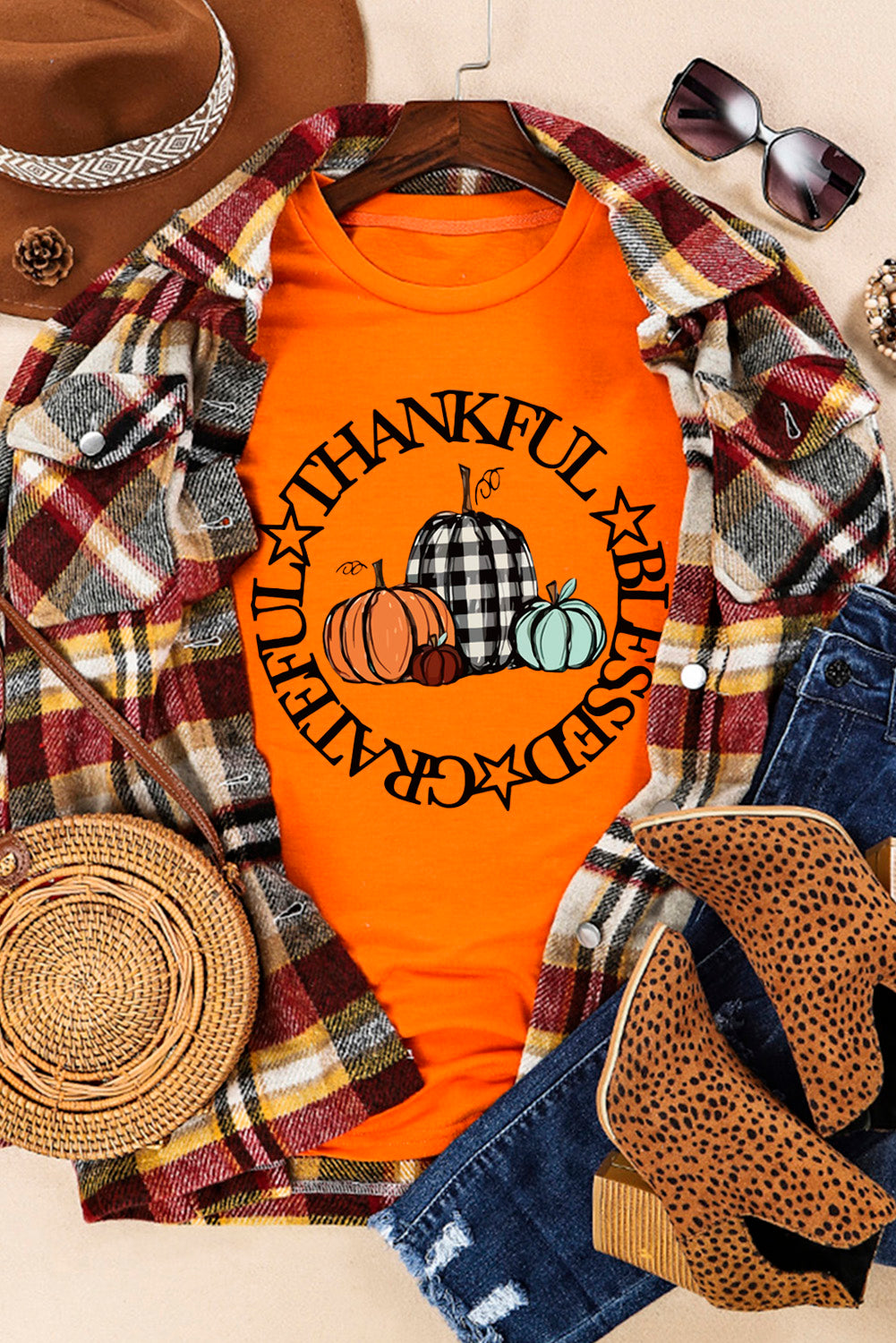 Orange Thankful Blessed Grateful Pumpkin Graphic T Shirt