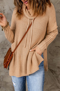 Khaki Cowl Neck Drawstring Patchwork Sleeve Sweater