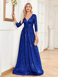 Lucyinlove Luxury V Neck Long Sleeves Blue Sequins Formal Evening Dress Women 2024 Wedding Party Prom Maxi Cocktail Dress Gowns