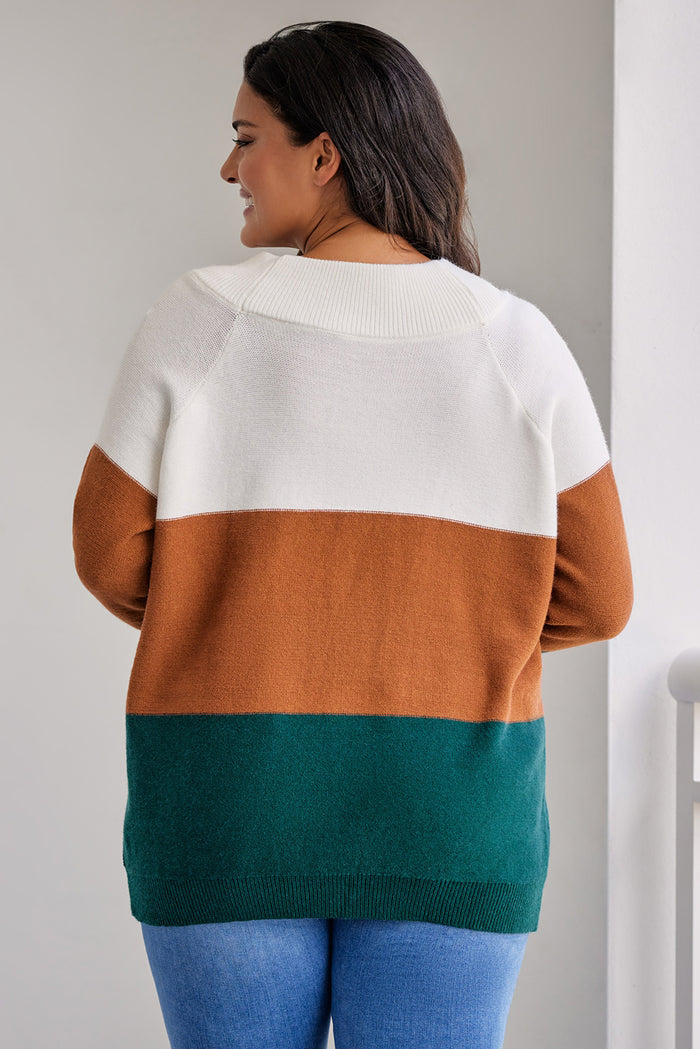 Brown Plus Size Ribbed Trim Color Block Sweater