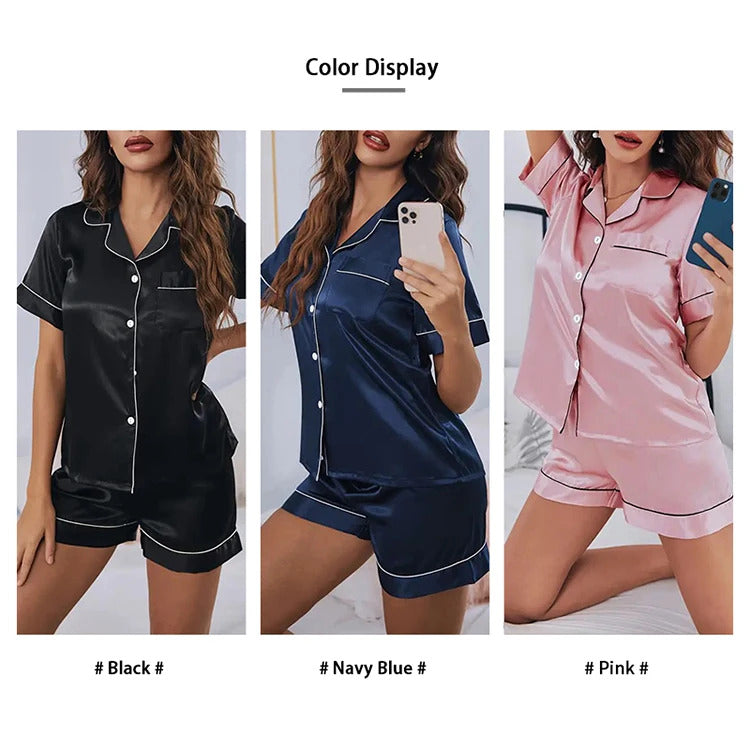 Women's Pajamas Set Satin Sleepwear Button Down Tops and Shorts Pajama 2 Piece Suit Pyjama Femme Nightwear Loungewear for Summer