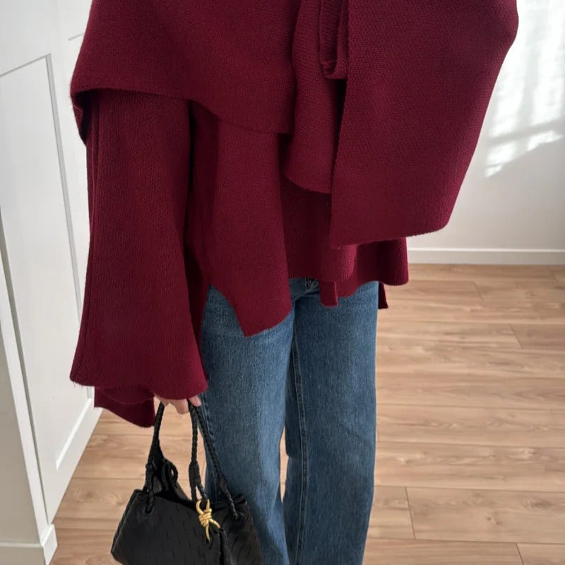 2024 Burgundy Women's Chic Scarf Collar Jackets Autumn Fashion Long Sleeved Casual Loose Coat New Ladies Elegant Street Outwear