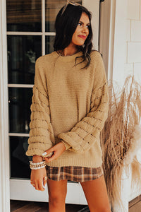 Khaki Hollowed Bubble Sleeve Knit Sweater