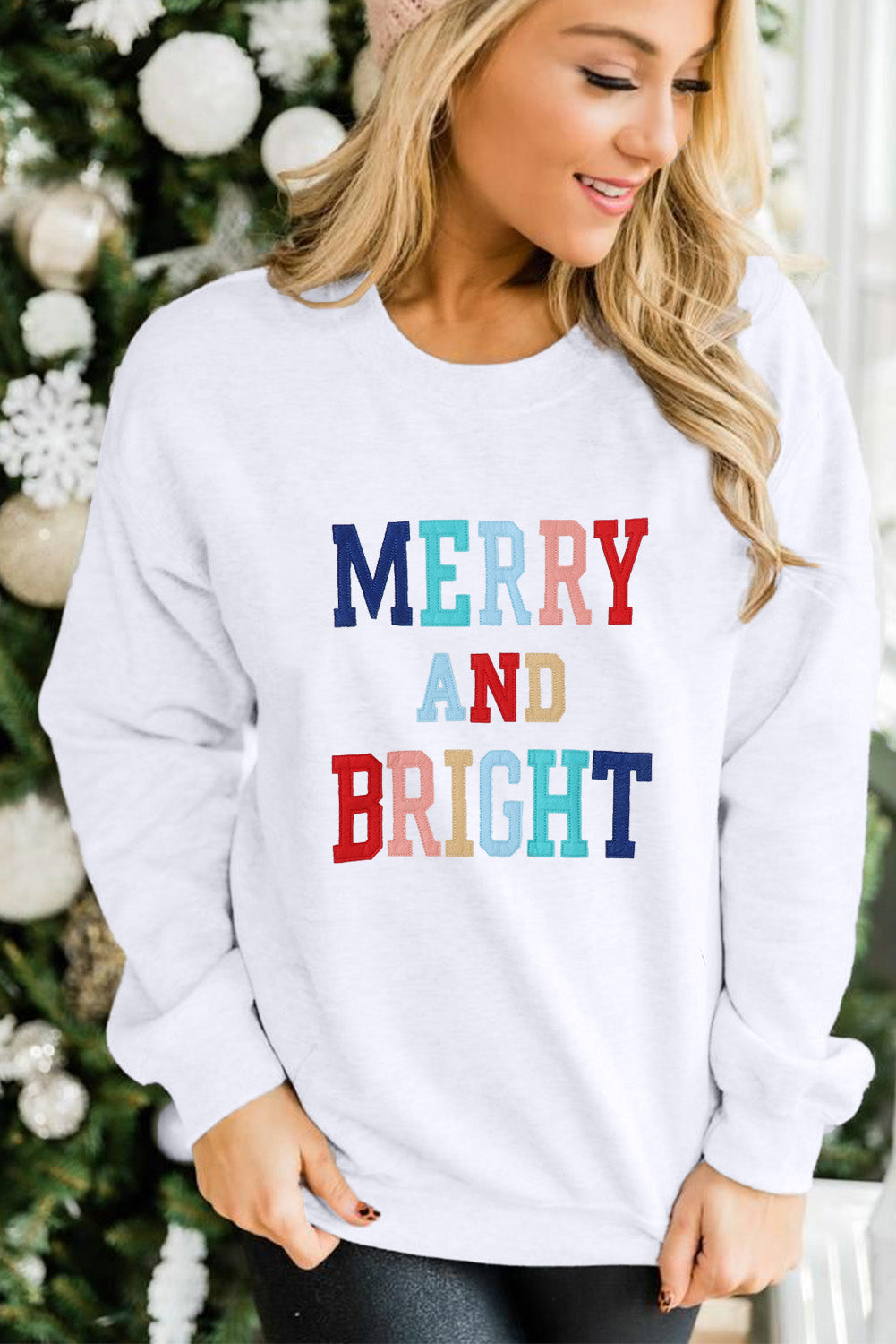 White MERRY AND BRIGHT Stitching Graphic Sweatshirt