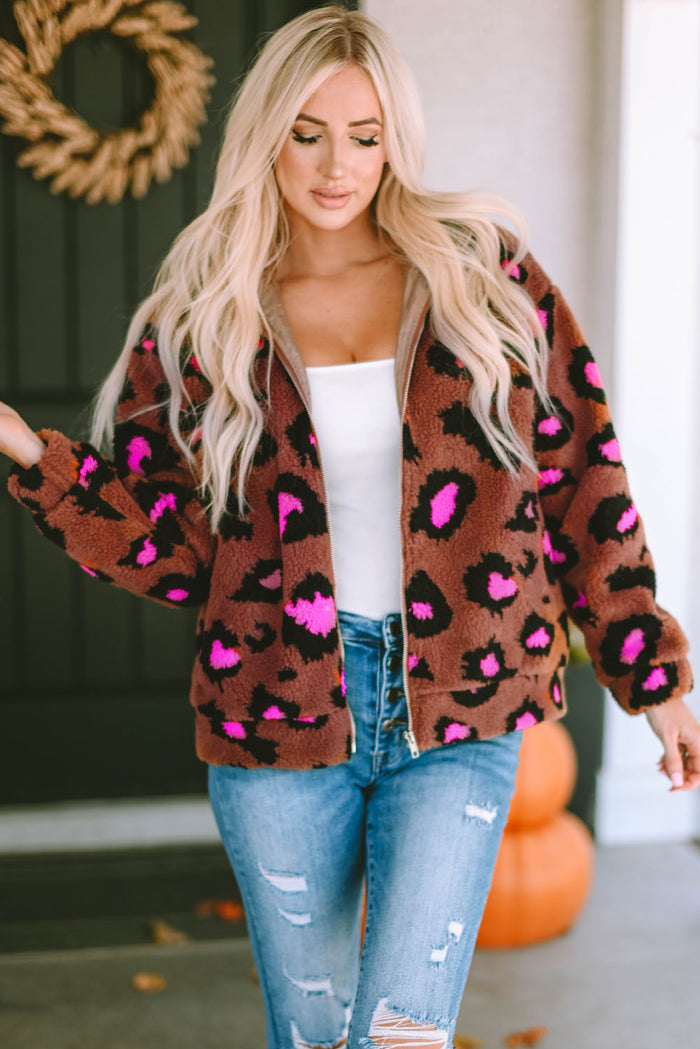 Leopard Zip Up Stand Collar Sherpa Teddy Jacket