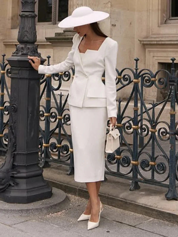 Elegant White Square Collar Long Sleeve High Waist Top Skirt Set Women Fashion Solid Slim Fit Suits 2025 Lady Chic Party Outfits