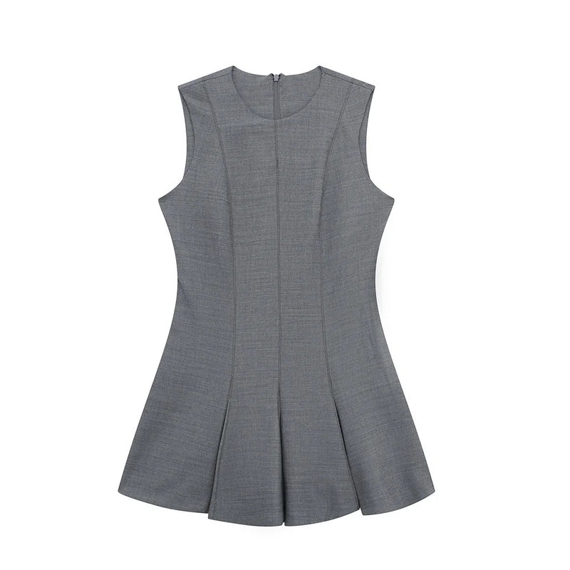 Gray Skater Dress Summer Clothes For Women New In Dresses 2024 Fashion Round Neck Sleeveless Pleated Hem Casual Mini Dress