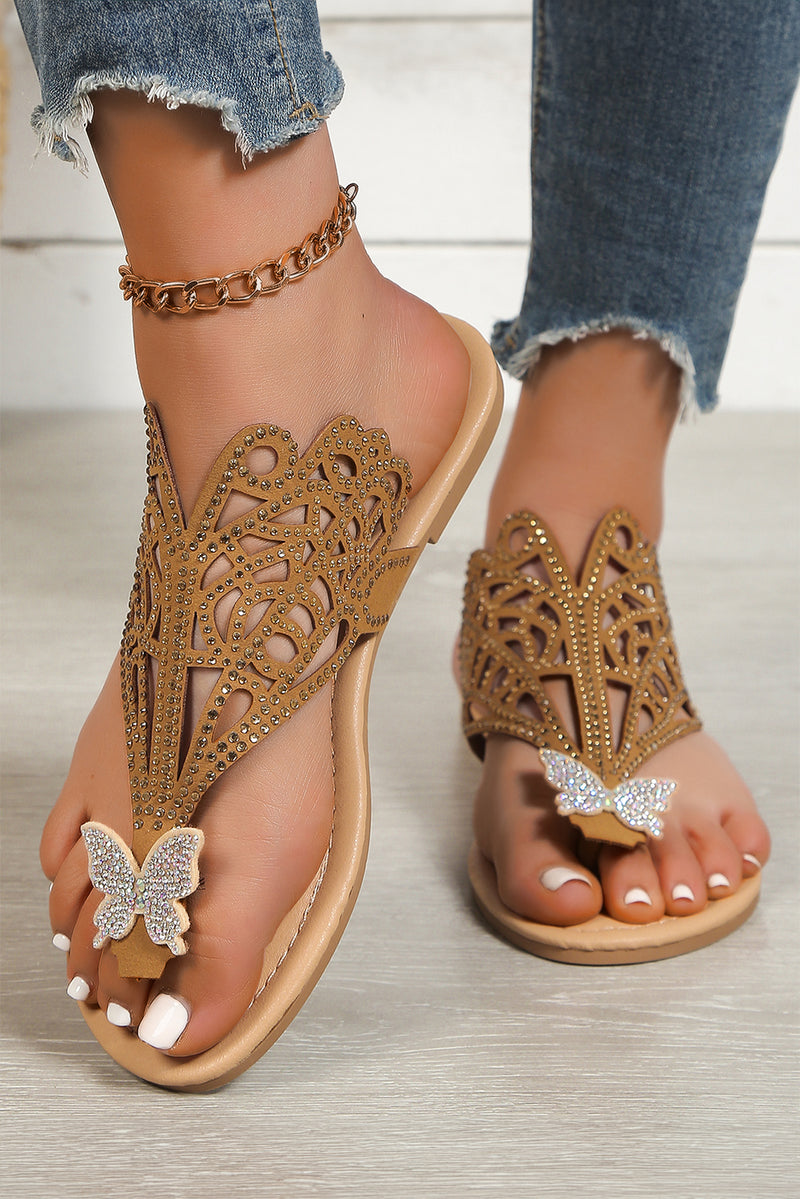 Brown Rhinestone Hollow Out Butterfly Open Toe Slippers