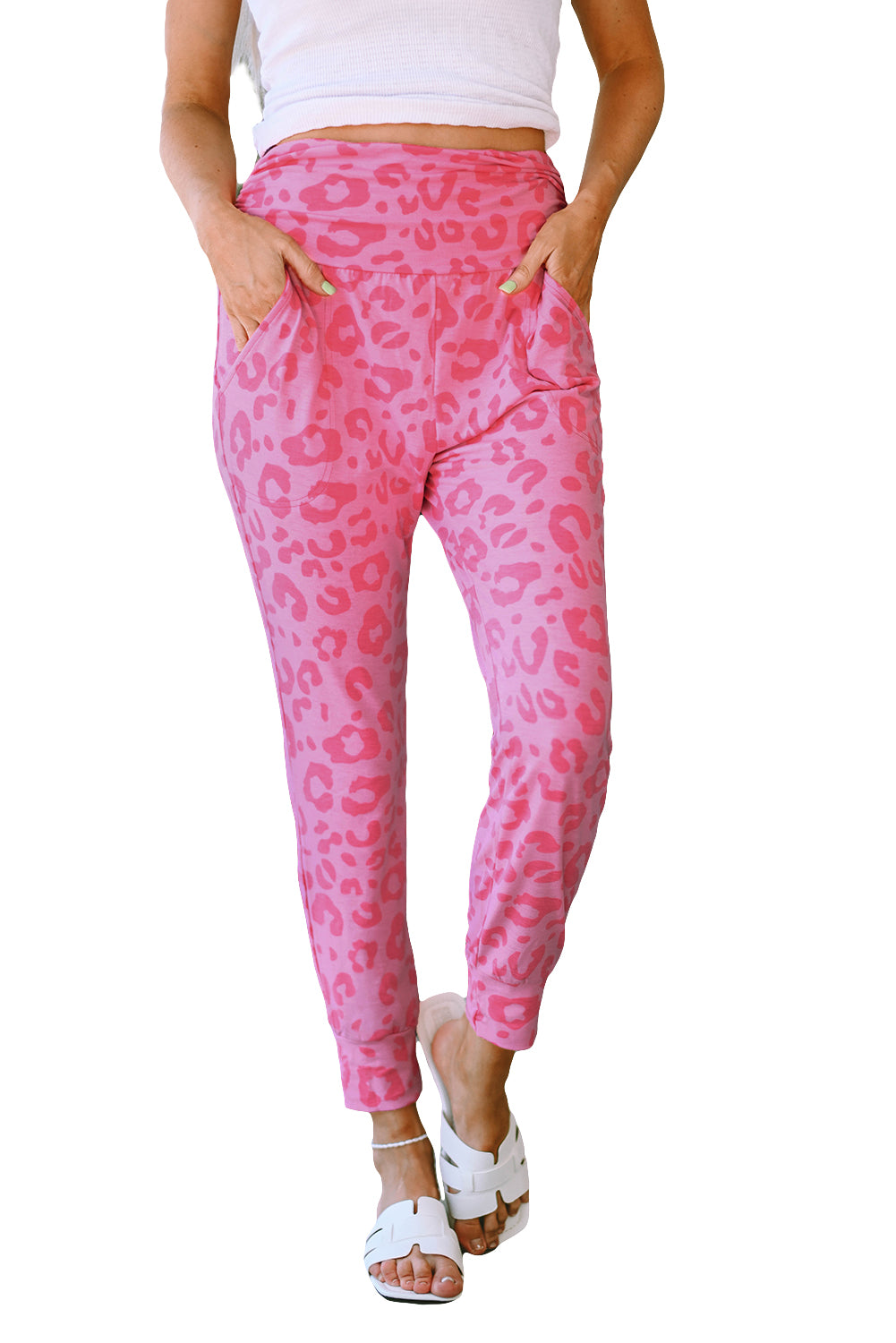 Pink Leopard Print Ankle-length High Waist Skinny Pants