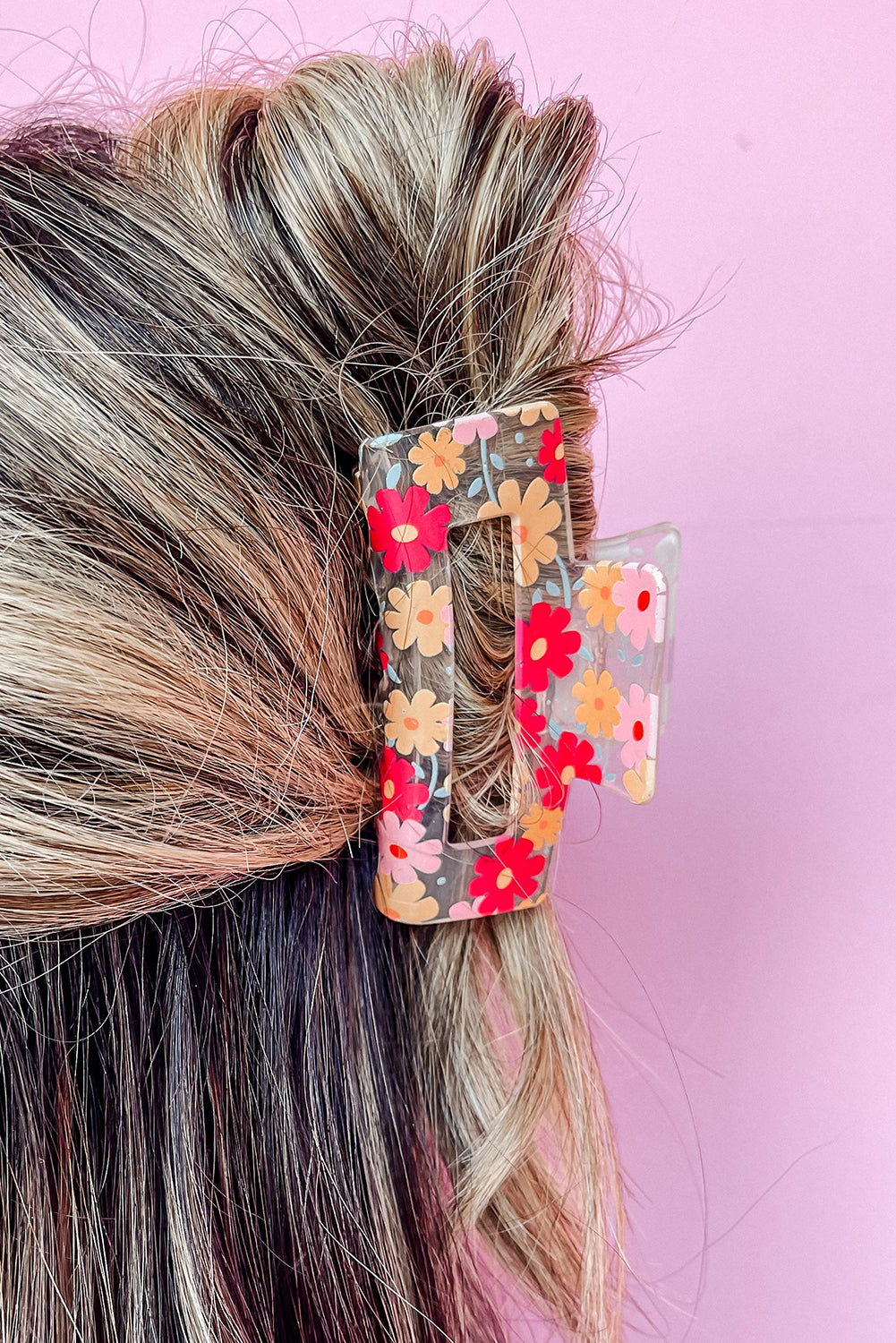 Red Floral Print Clear Plastic Square Hair Claw Clip