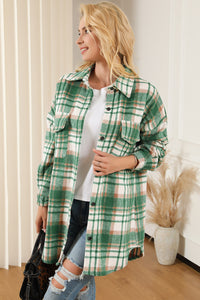 Green Plaid Flap Pocket Long Sleeve Shacket