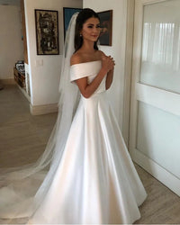 Simple A Line Wedding Dresses Satin Off The Shoulder Wedding Bridal Gowns Sweep Train Casual Dresses Zipper With Buttons Back