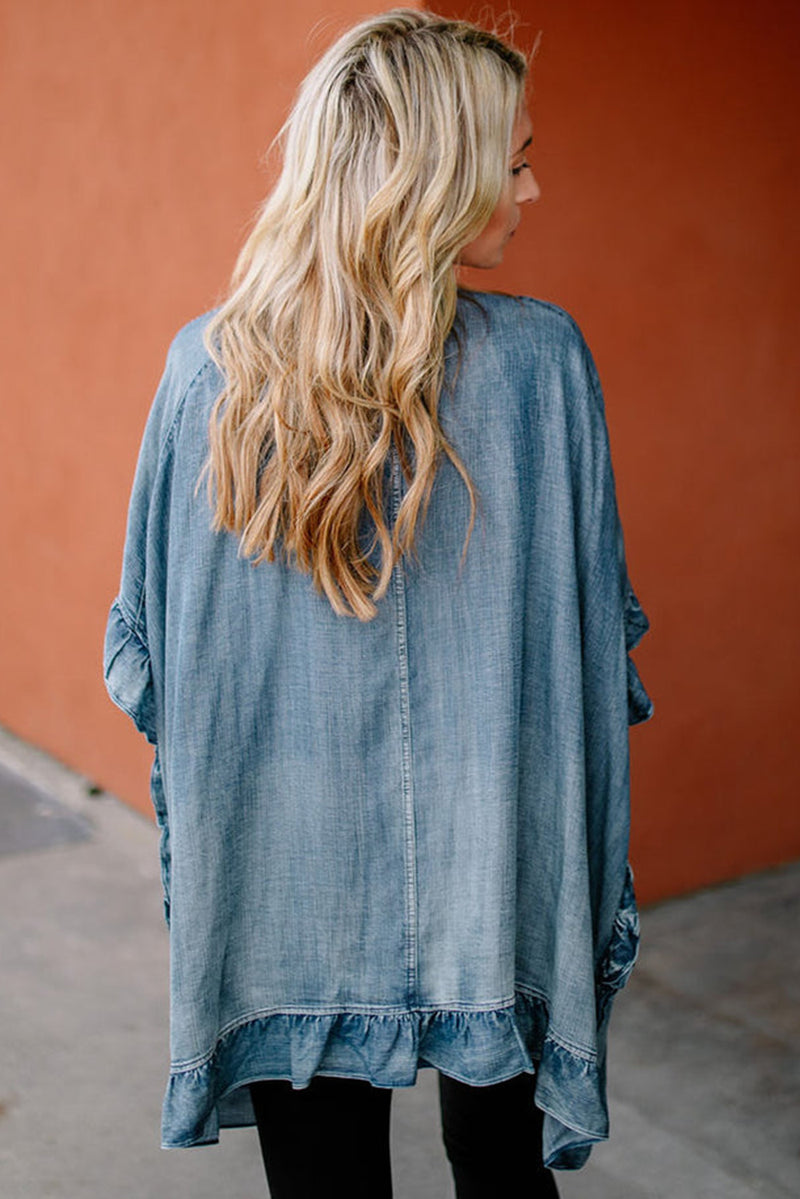 Dusk Blue Chambray Ruffle Hem Half Sleeve Open Loose Kimono