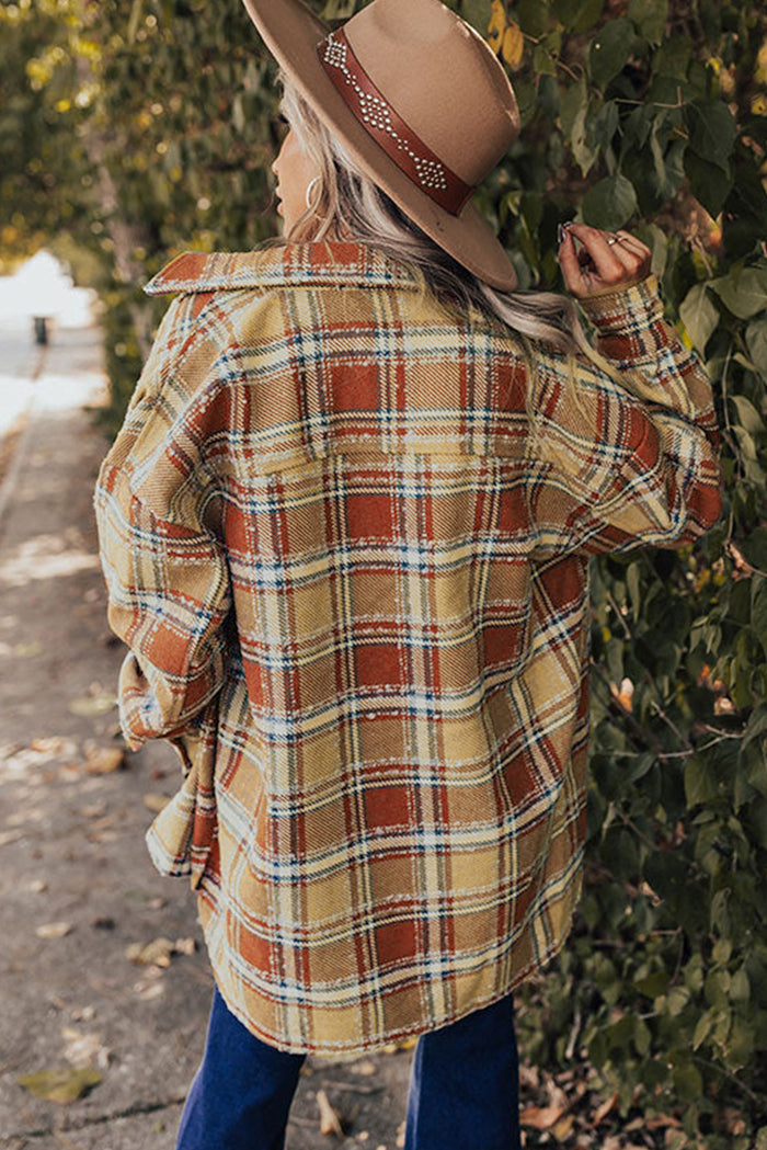 Fiery Red Oversized Flap Pockets Plaid Shacket with Slits