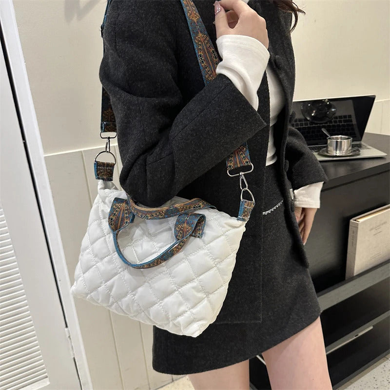 Women Wide Shoulder Belt Handbag Fall/Winter Rhombus Space Cotton Shoulder Bag Large Capacity All-Match Shopping Tote Bag