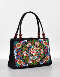 Embroidered Canvas Women's Top Handle Bag: Double Layered with Zippered Compartments, Perfect for Work and Play